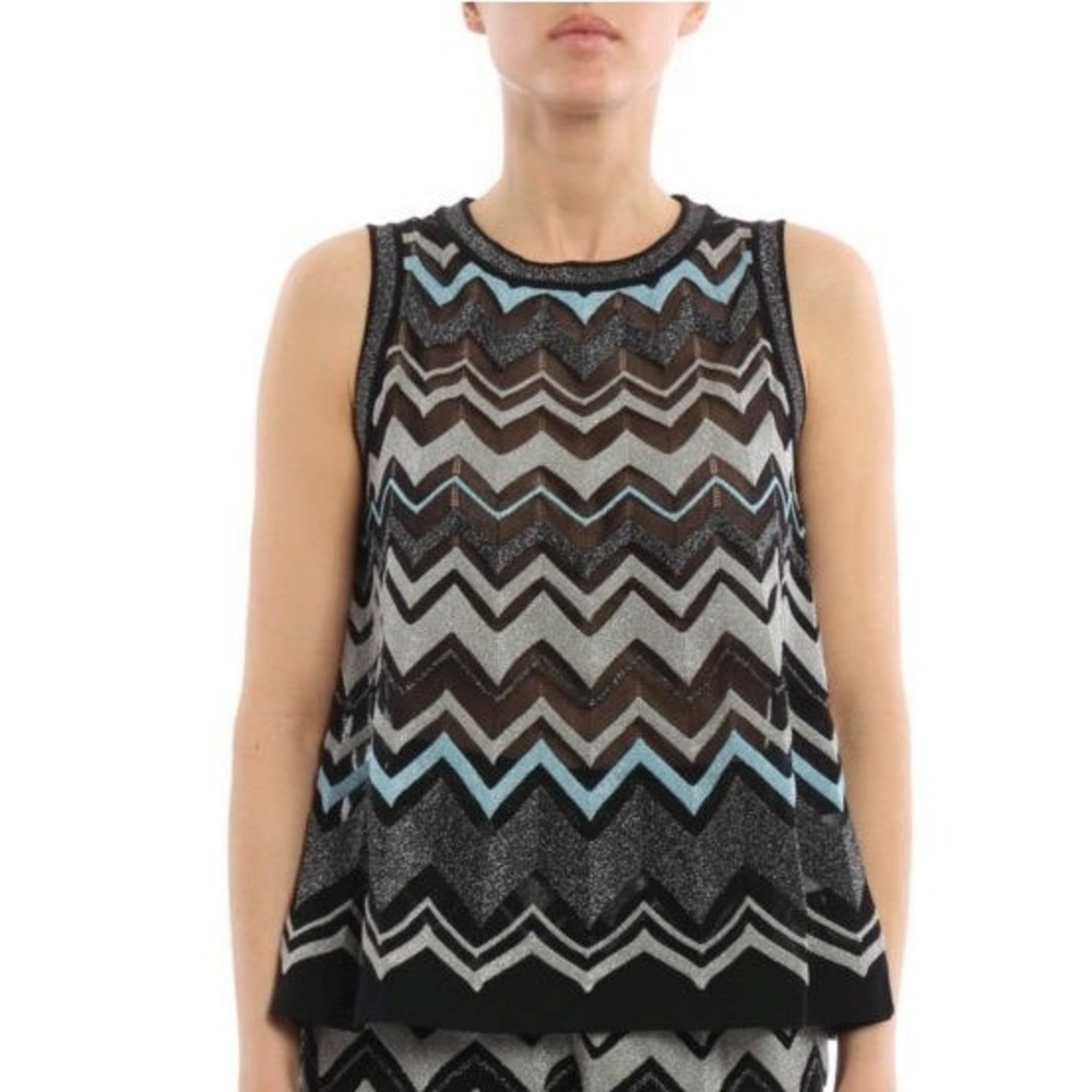 M Missoni Lurex‎ Tank Top Womens 44 Black Blue Zigzag Chevron Metallic Knit